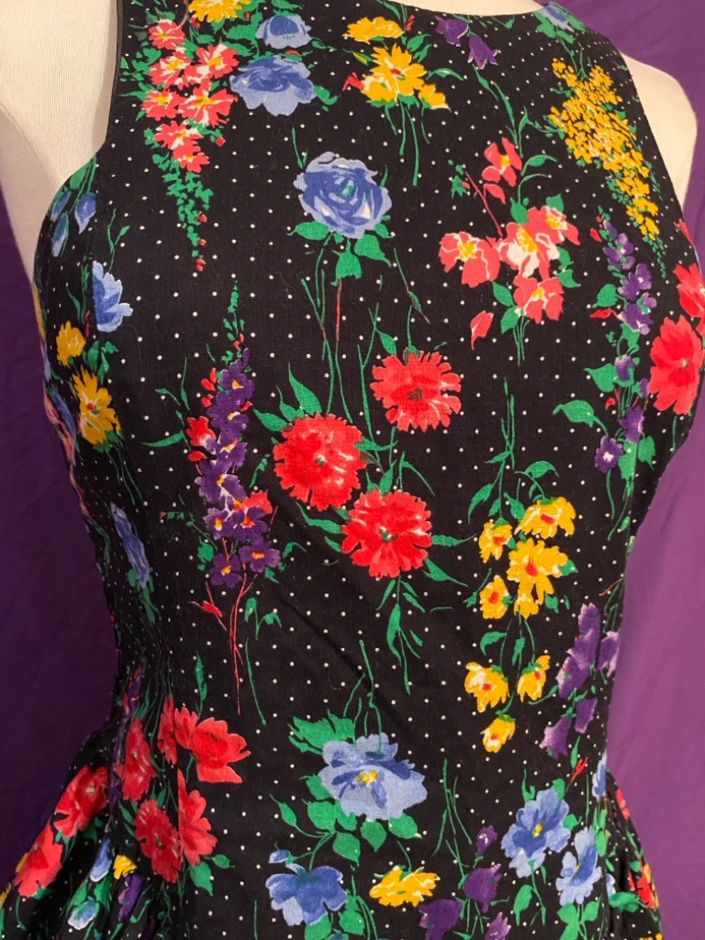 Vintage 80s All that Jazz Black Floral Tiered Mini Dress with Bright Blooms. - Picture 6 of 6